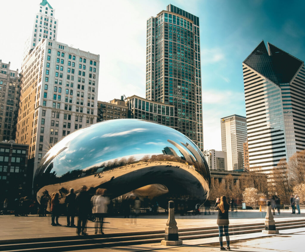 Iconic bean sculpture in Chicago city scape