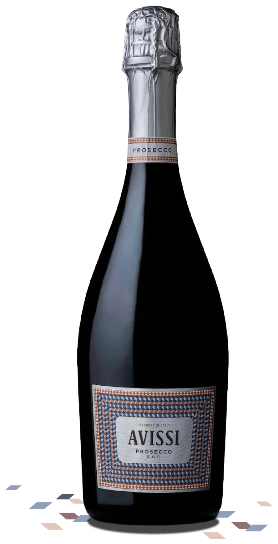 Avissi Prosecco bottle shot with bits of decorative tile graphic elements at its base