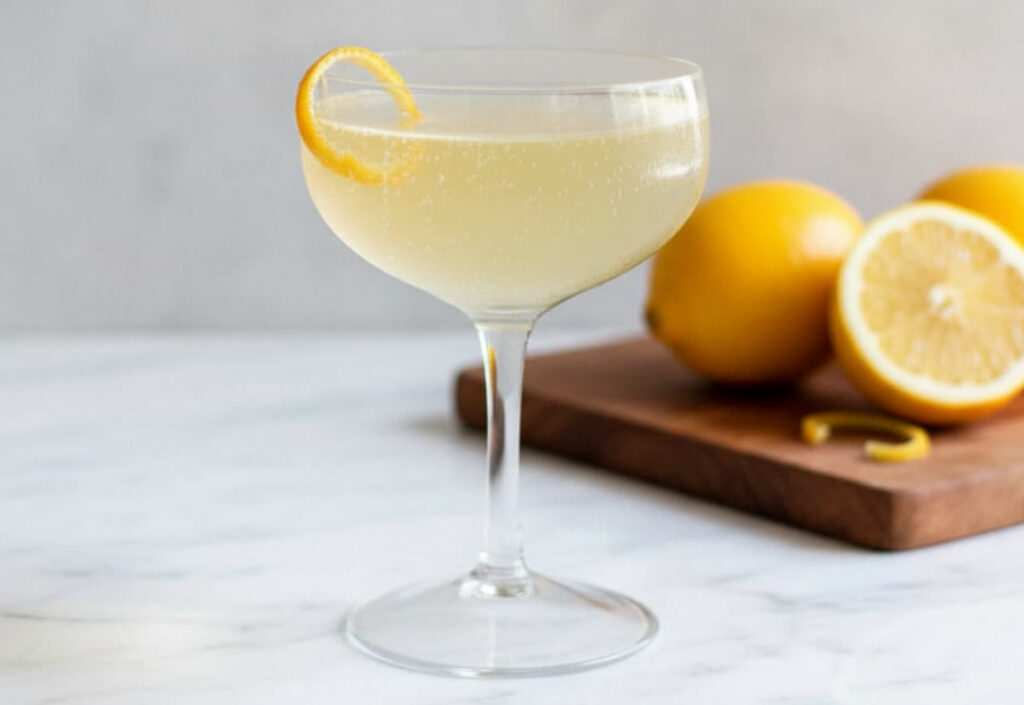 Close up of a pale yellow cocktail in a brandy stemware glass with lemons in the background on a marble surface