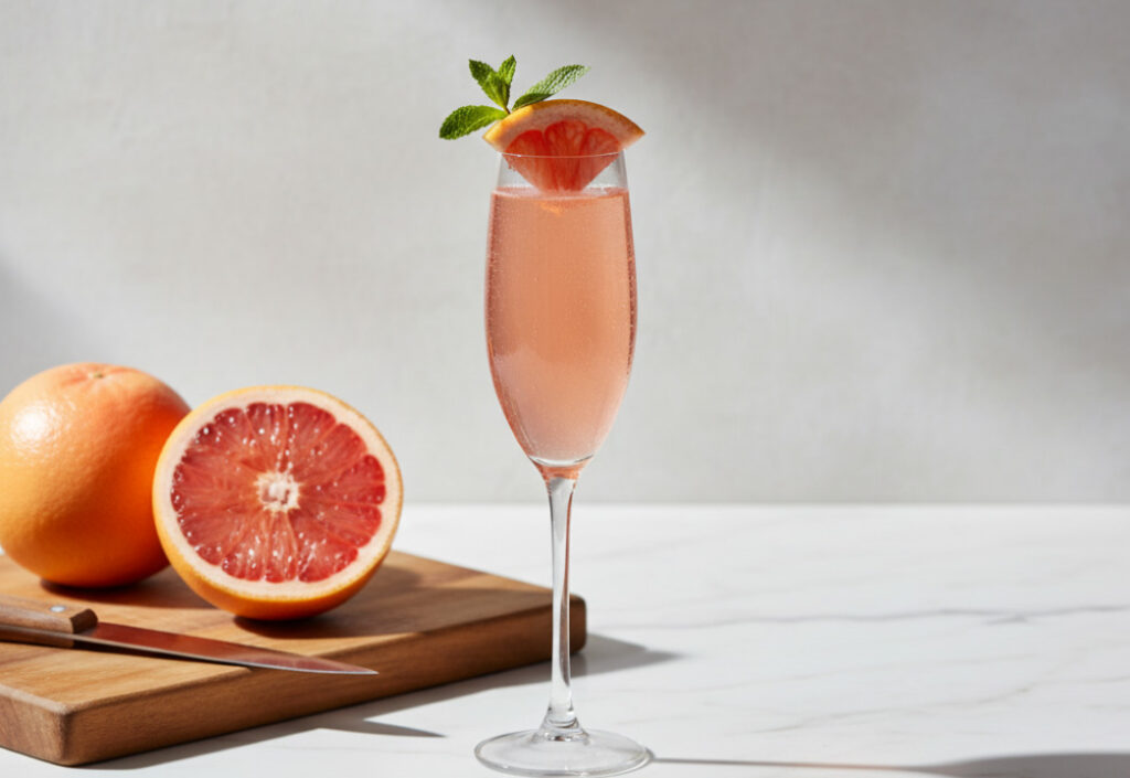 Close up of a pink cocktail in a champagne flute glass with pink grapefruit garnish and cut grapefruits in the background, on a marble surface