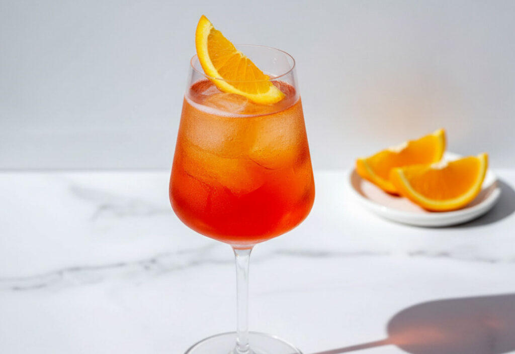 Close up of an orange-red cocktail in a wide stemware glass with orange slice garnish and orange slices in the background on a marble surface